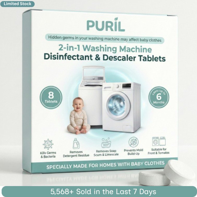 Puril Essential Washing Machine Disinfectant Tablets For Front Load & Top Load, Specially Made For Homes With Babies & Kids, 8 Tablets