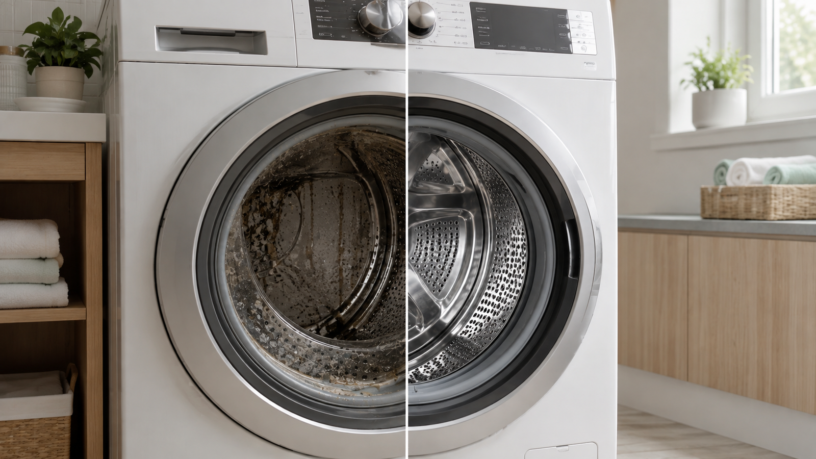 A washing-machine drum shown before and after cleaning with Puril