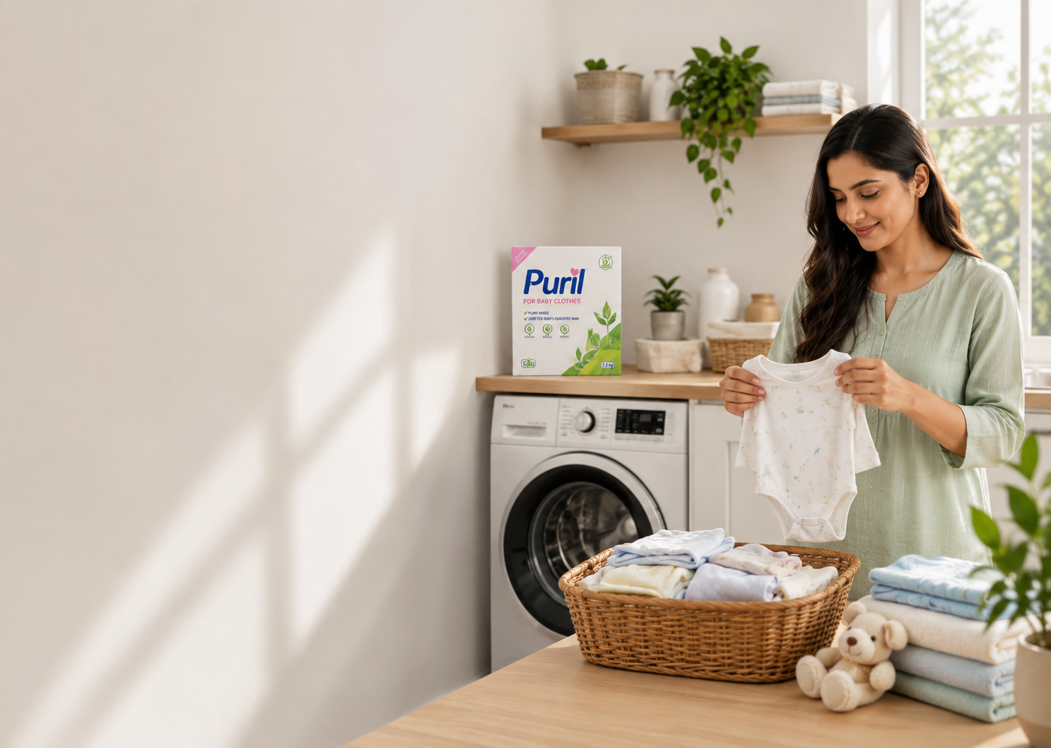 A parent sorting freshly washed baby clothes beside a washing machine